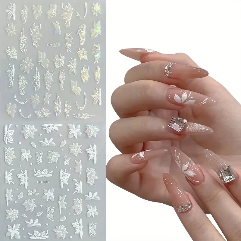 2pcs Waterproof & Oil-Resistant PET Nail Stickers and Decals, Elegant White Orchid 3D Nail Stickers, Self-Adhesive Petal Nails, Suitable for DIY Wedding Nail Decorations view 8