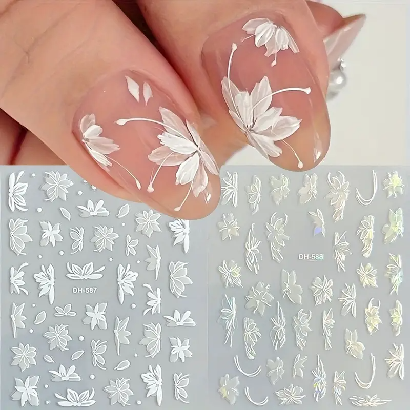 2pcs Waterproof & Oil-Resistant PET Nail Stickers and Decals, Elegant White Orchid 3D Nail Stickers, Self-Adhesive Petal Nails, Suitable for DIY Wedding Nail Decorations