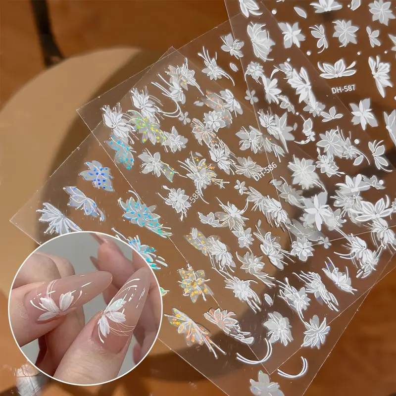 2pcs Waterproof & Oil-Resistant PET Nail Stickers and Decals, Elegant White Orchid 3D Nail Stickers, Self-Adhesive Petal Nails, Suitable for DIY Wedding Nail Decorations view 3