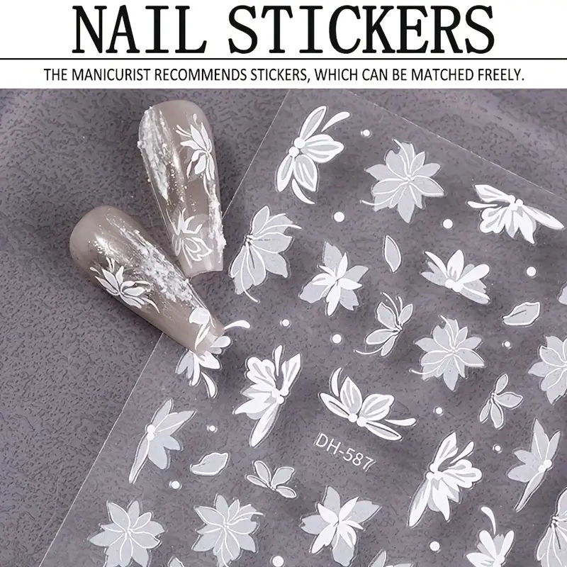 2pcs Waterproof & Oil-Resistant PET Nail Stickers and Decals, Elegant White Orchid 3D Nail Stickers, Self-Adhesive Petal Nails, Suitable for DIY Wedding Nail Decorations view 2