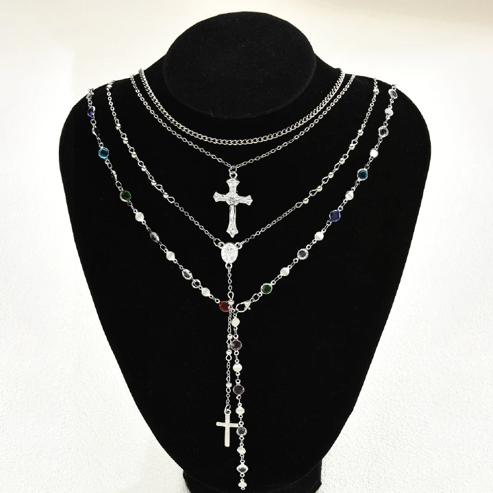 4Pcs/Set Hot-Selling Fashion Creative Diamond-Encrusted Cross Pendant Necklace Women'S Premium Fringed Chain Stacked Collarbone Chain