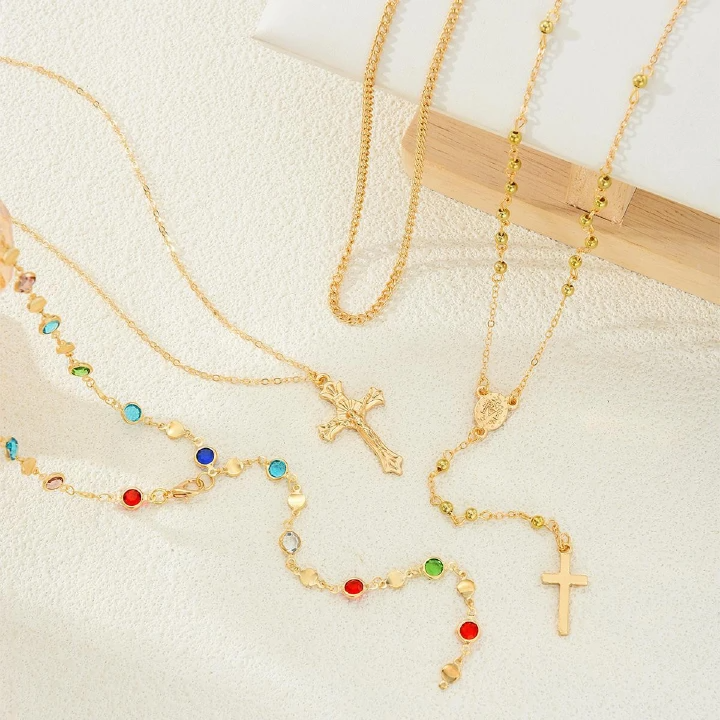 4Pcs/Set Hot-Selling Fashion Creative Diamond-Encrusted Cross Pendant Necklace Women'S Premium Fringed Chain Stacked Collarbone Chain