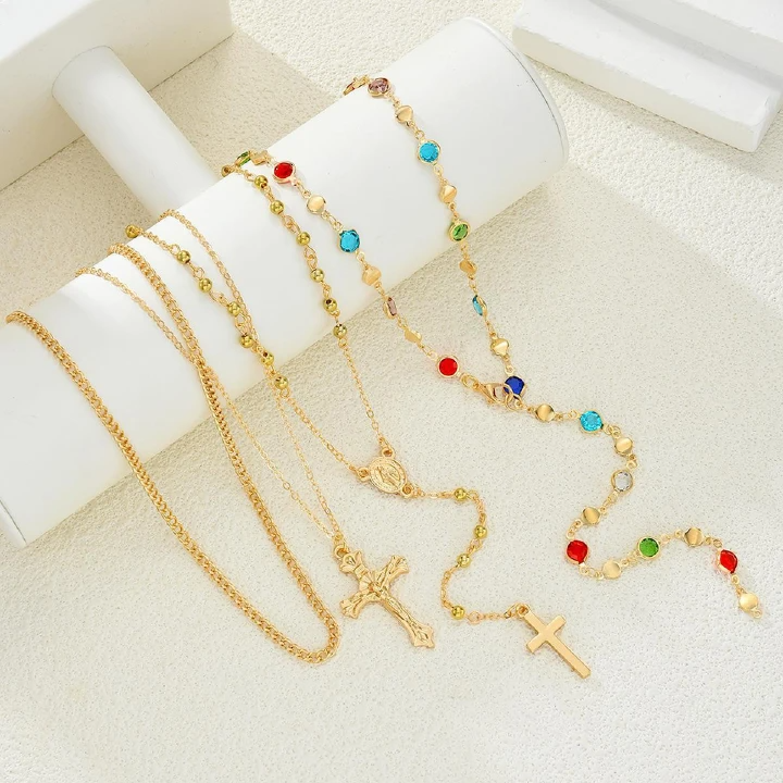 4Pcs/Set Hot-Selling Fashion Creative Diamond-Encrusted Cross Pendant Necklace Women'S Premium Fringed Chain Stacked Collarbone Chain