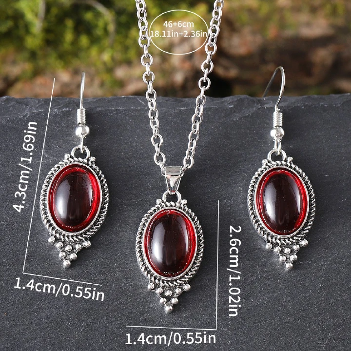 Vintage Exquisite Embossed Ruby Oval Alloy Pendant Fashion Earrings Jewelry Set