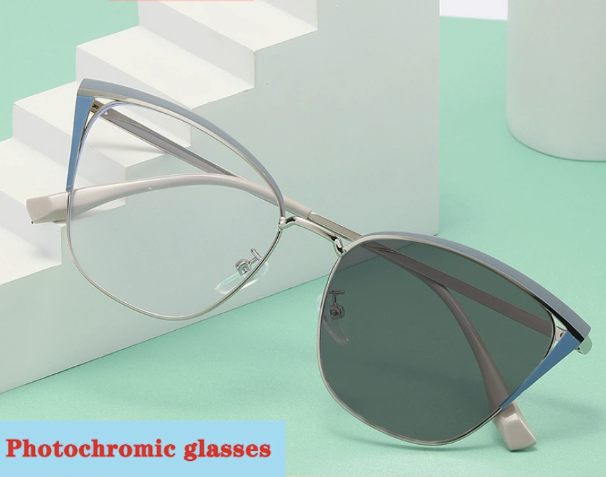 Women Change Color Optical Glasses Ladies Cat Eye Colorful Metal Photochromic Eyeglasses Frames Blue Light Blocking