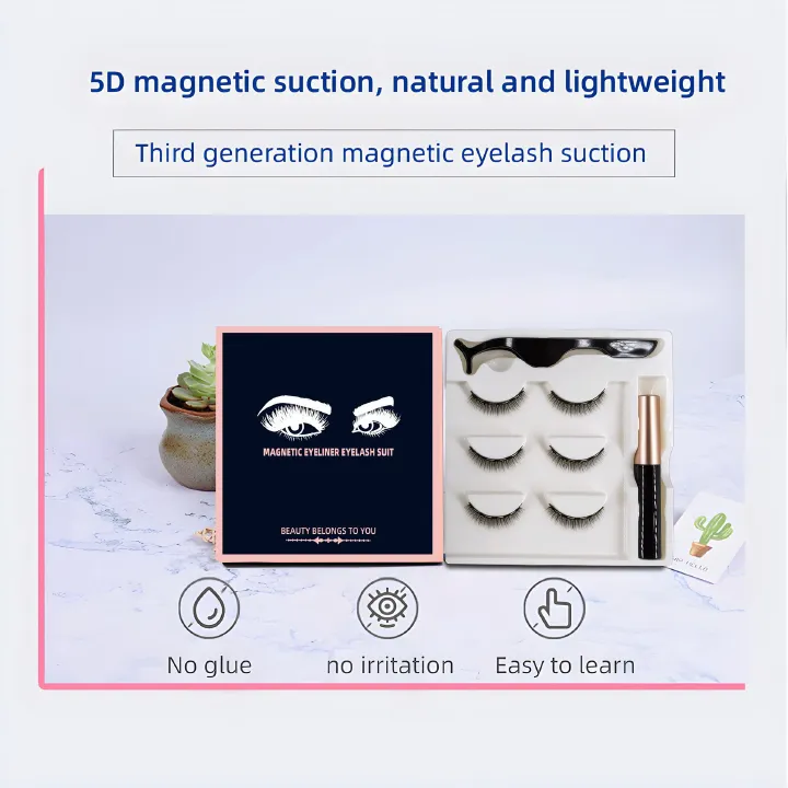 3 Pairs Magnetic Eyelashes set Magnet Liquid Eyeliner Magnetic Lashes &amp; Makeup False Eyelashes MakeupKit