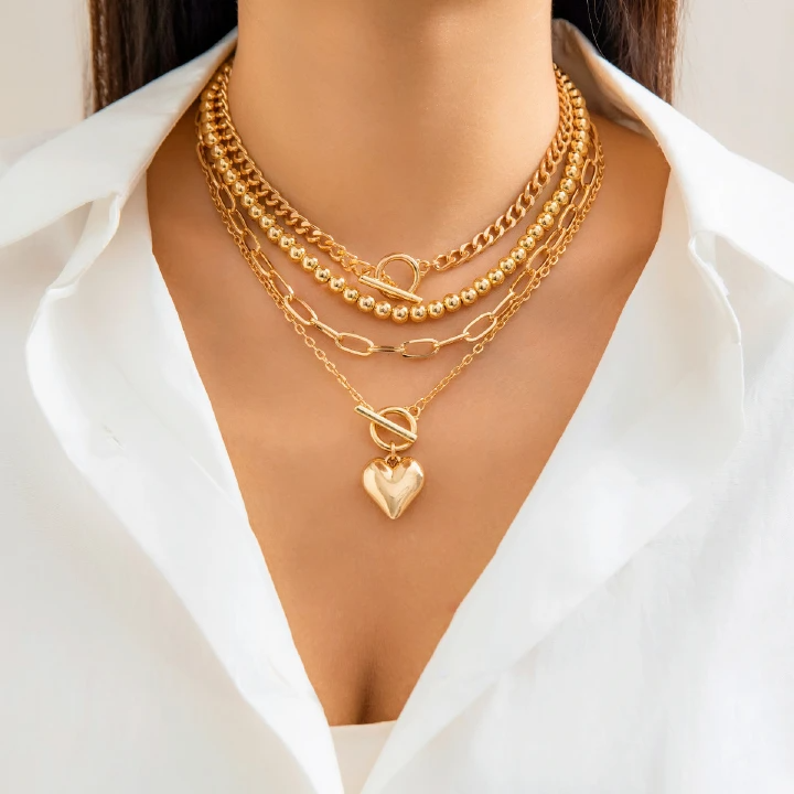 Hip Hop Beaded Necklace Ladies Set Geometric Ot Buckle Short Metal Love Necklace