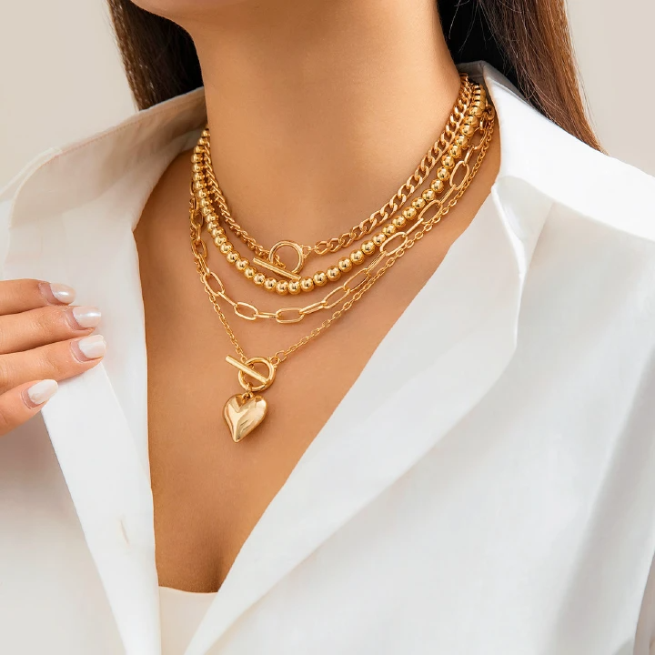 Hip Hop Beaded Necklace Ladies Set Geometric Ot Buckle Short Metal Love Necklace