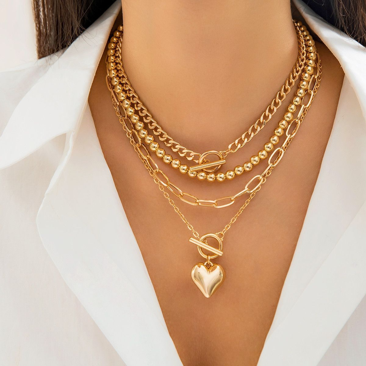 Hip Hop Beaded Necklace Ladies Set Geometric Ot Buckle Short Metal Love Necklace