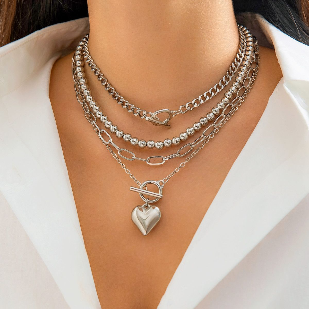 Hip Hop Beaded Necklace Ladies Set Geometric Ot Buckle Short Metal Love Necklace
