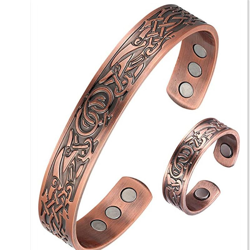 2Pcs Set European and American cross-border new red copper magnetic bracelet retro simple bracelet Ring Set red copper magnetic bracelet