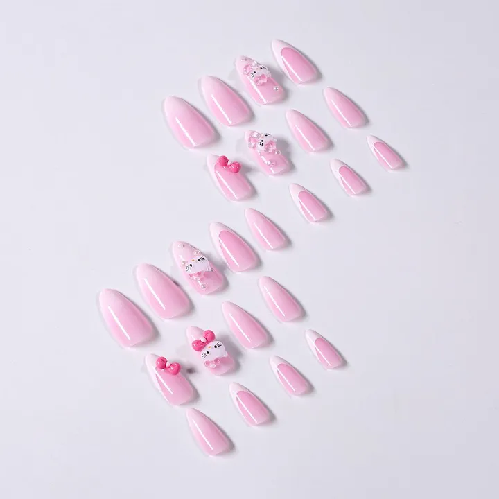 24-piece gradient pink French nail art Kitty cat waterdrop nail tips, bowknot, heart, nail tips, wearable nails