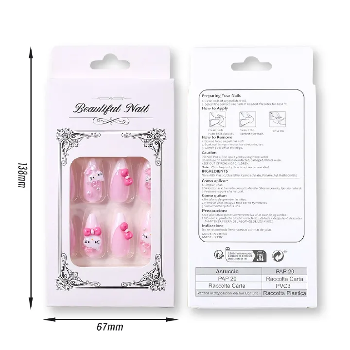 24-piece gradient pink French nail art Kitty cat waterdrop nail tips, bowknot, heart, nail tips, wearable nails