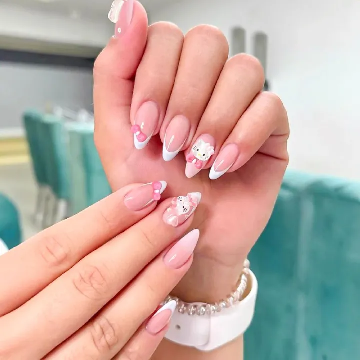 24-piece gradient pink French nail art Kitty cat waterdrop nail tips, bowknot, heart, nail tips, wearable nails