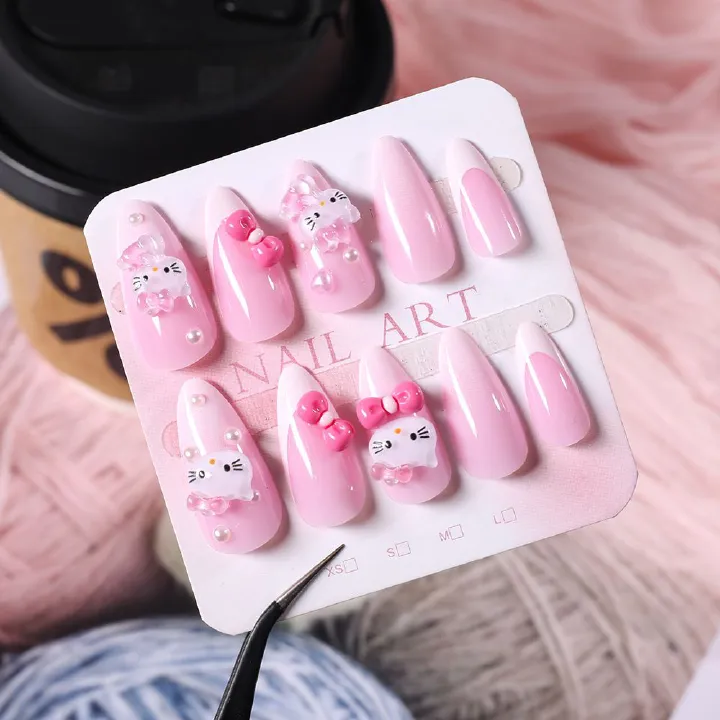 24-piece gradient pink French nail art Kitty cat waterdrop nail tips, bowknot, heart, nail tips, wearable nails