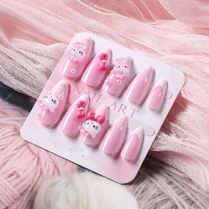 24-piece gradient pink French nail art Kitty cat waterdrop nail tips, bowknot, heart, nail tips, wearable nails