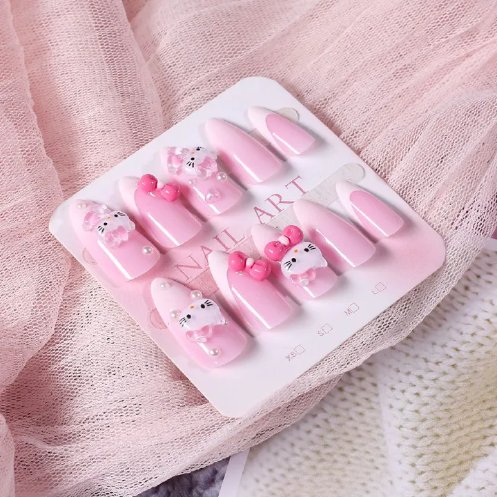 24-piece gradient pink French nail art Kitty cat waterdrop nail tips, bowknot, heart, nail tips, wearable nails
