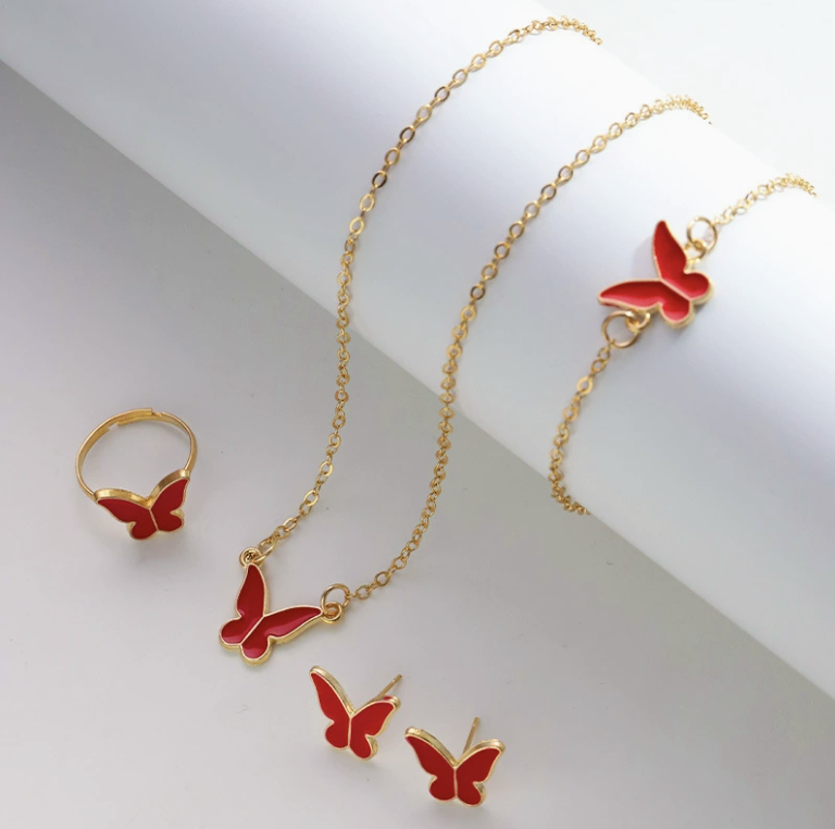 5Pcs Butterfly Jewelry Sets Crystal Acrylic Romantic Bracelet Ring Necklace Earring Set for Women Wedding Dinner Dress Accessories