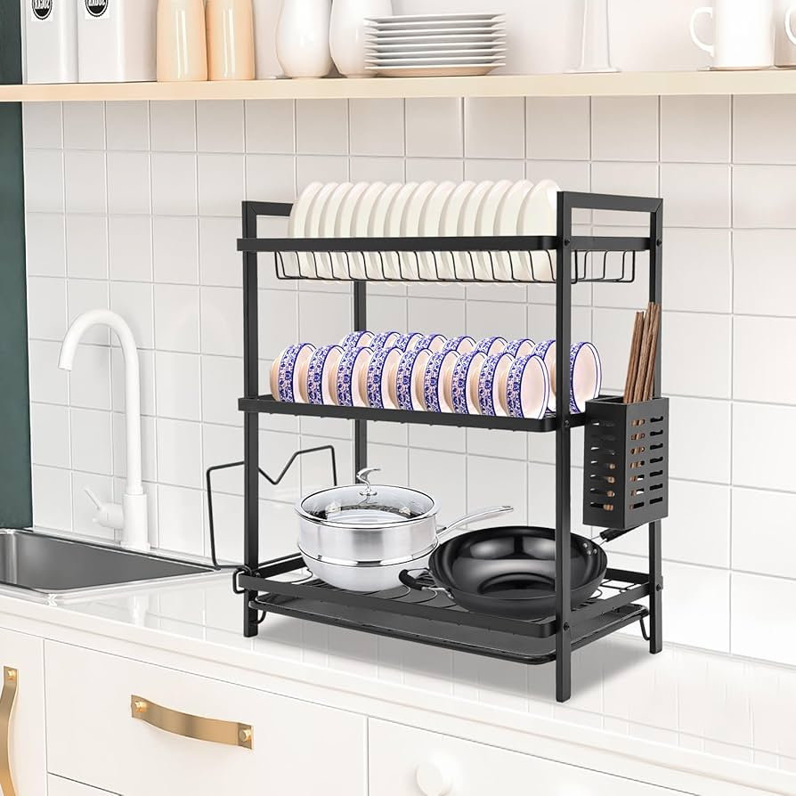 3-Tier All-Black Metallic Dish Rack – Heavy-Duty Kitchen Organizer with Drain Board & Utensil Holder