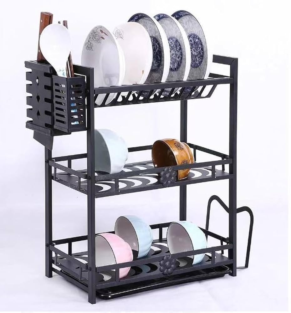 3-Tier All-Black Metallic Dish Rack – Heavy-Duty Kitchen Organizer with Drain Board & Utensil Holder