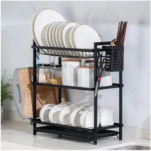 3-Tier All-Black Metallic Dish Rack – Heavy-Duty Kitchen Organizer with Drain Board & Utensil Holder