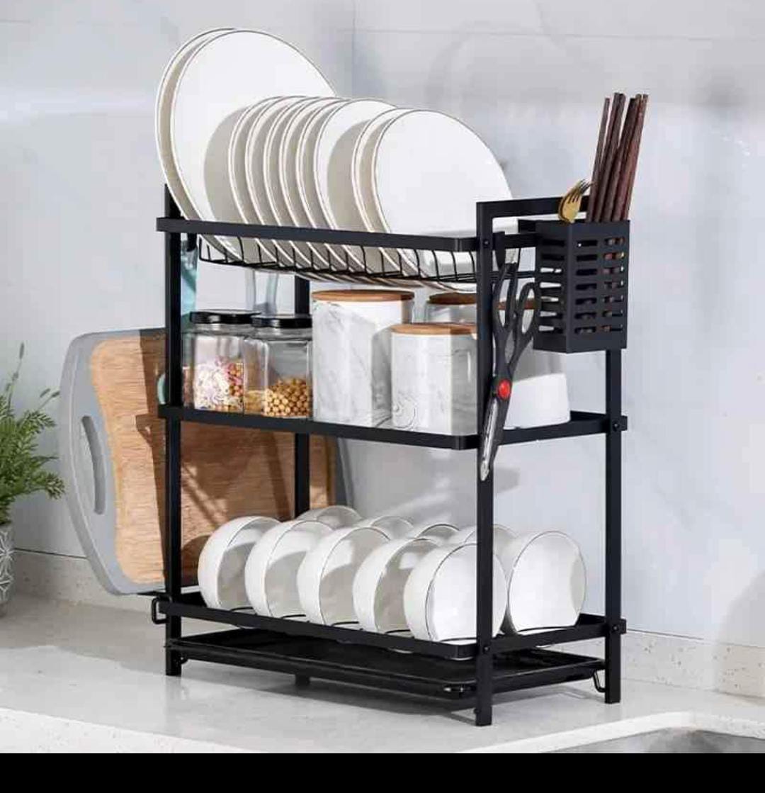 3-Tier All-Black Metallic Dish Rack – Heavy-Duty Kitchen Organizer with Drain Board & Utensil Holder