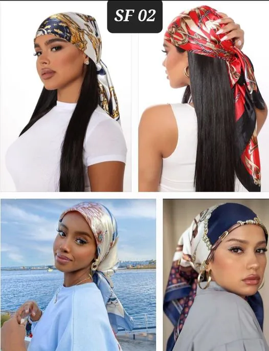 3pcs large silk satin hijab scarves (90×90cm). Smooth, elegant fashion scarves for head wrap, neck wear or bag accessory.