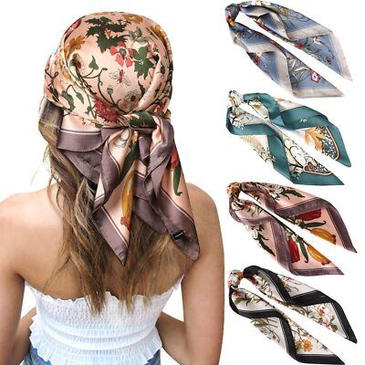 3pcs large silk satin hijab scarves (90×90cm). Smooth, elegant fashion scarves for head wrap, neck wear or bag accessory.