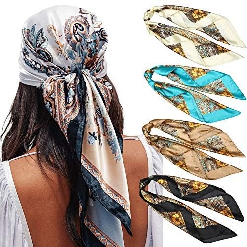 3pcs large silk satin hijab scarves (90×90cm). Smooth, elegant fashion scarves for head wrap, neck wear or bag accessory.