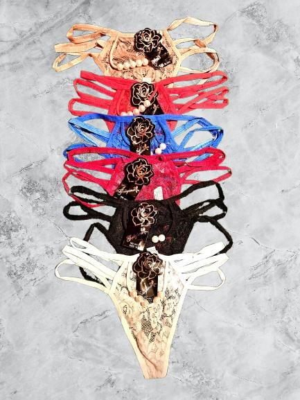 ✨ 3PCS PEARL DETAIL • STRAP DESIGN ✨ Women’s Laced Thong with 3-Strip Waist – Elegant Pearl Accent, Soft Comfortable G-String Fit
