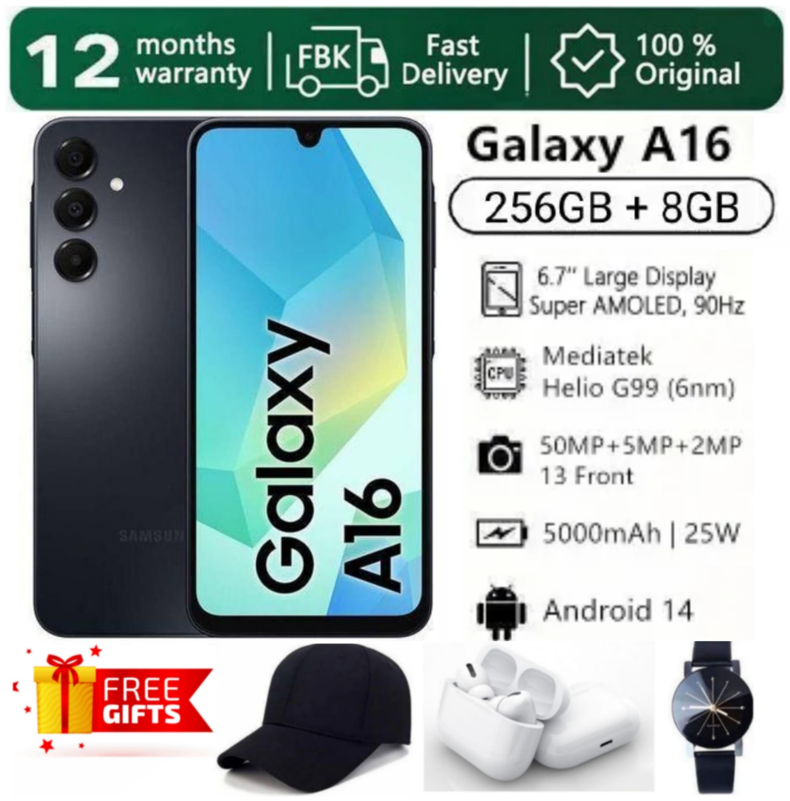[SUPER DEALS!!!] SAMSUNG GALAXY A16 256GB ROM + 8GB RAM 6.7" Super AMOLED Display 50MP Triple Camera Android 14 MediaTek Helio G99 5000mAh 25W Type-C Charge Smart Phones + FREE QUALITY GIFTS