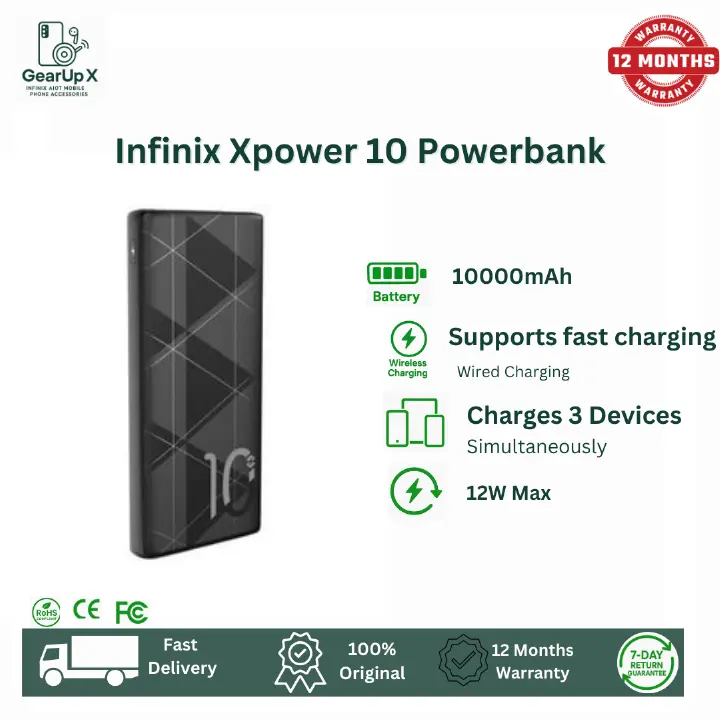 [New Arrival] Infinix Xpower 10 Powerbank 10000mAh 12W Max Charging Type C Input USB A Output Thin and Light Design Charge 2 Devices Simultaneously Fast Charging Powerbank