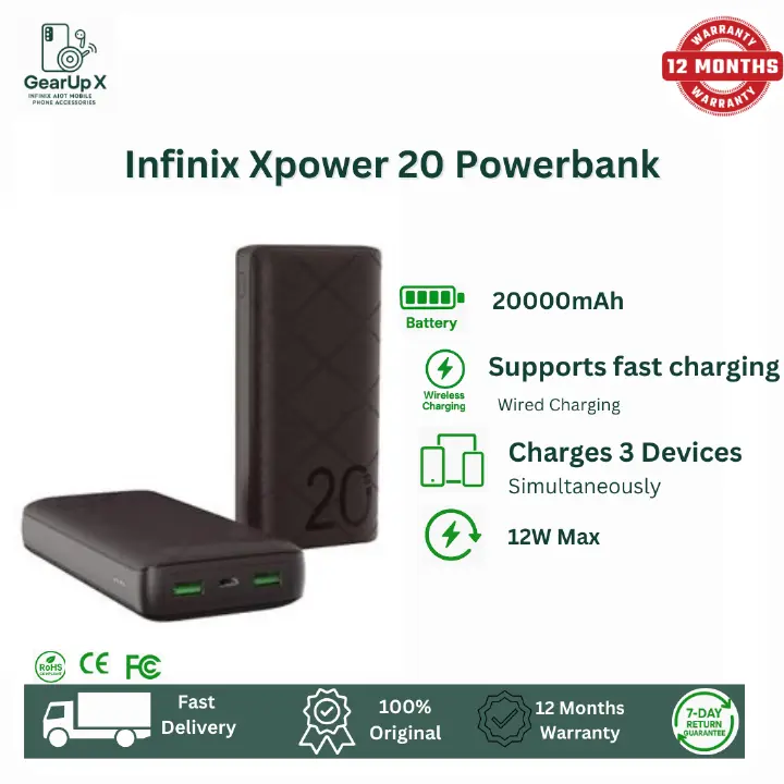 [New Arrival] Infinix Xpower 20 Powerbank 20000mAh 15W Max Charging Type C/ USB A/B Output Type C/ Input Thin and Light Design Charge 3 Devices Simultaneously Fast Charging Powerbank