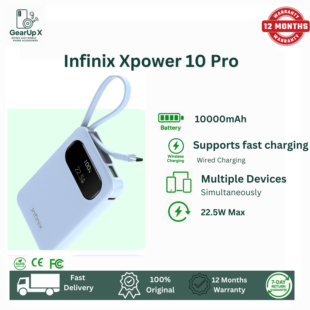 [New Arrival] Infinix Xpower 10 Pro Powerbank 10000mAh 22.5W Max Charging Type C USB A/Type C  Output Type-c cable output Thin and Light Design Charge 3 Devices Simultaneously Fast Charging Powerbank