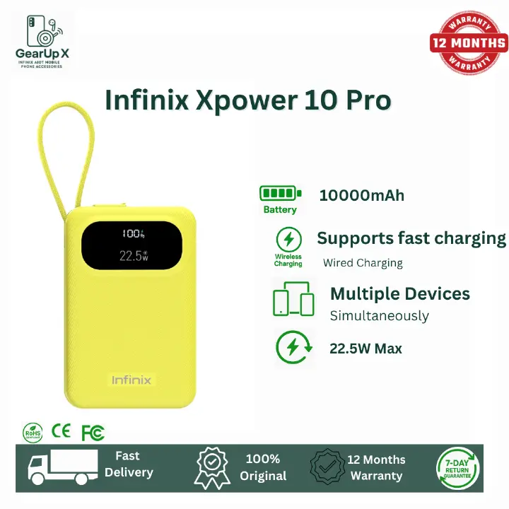 [New Arrival] Infinix Xpower 10 Pro Powerbank 10000mAh 22.5W Max Charging Type C USB A/Type C  Output Type-c cable output Thin and Light Design Charge 3 Devices Simultaneously Fast Charging Powerbank
