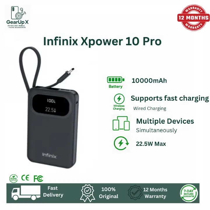 [New Arrival] Infinix Xpower 10 Pro Powerbank 10000mAh 22.5W Max Charging Type C USB A/Type C  Output Type-c cable output Thin and Light Design Charge 3 Devices Simultaneously Fast Charging Powerbank