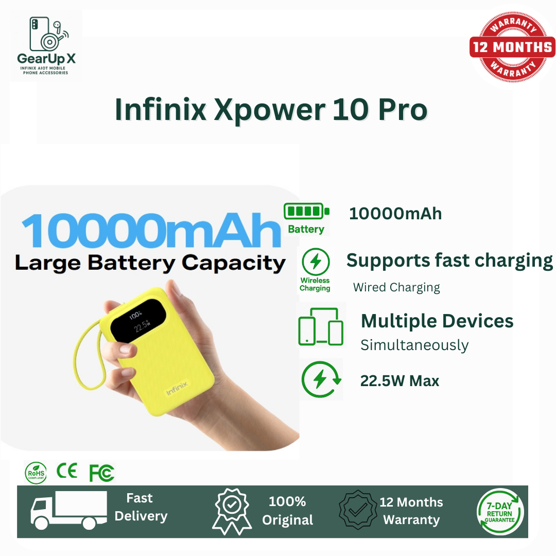 [New Arrival] Infinix Xpower 10 Pro Powerbank 10000mAh 22.5W Max Charging Type C USB A/Type C  Output Type-c cable output Thin and Light Design Charge 3 Devices Simultaneously Fast Charging Powerbank