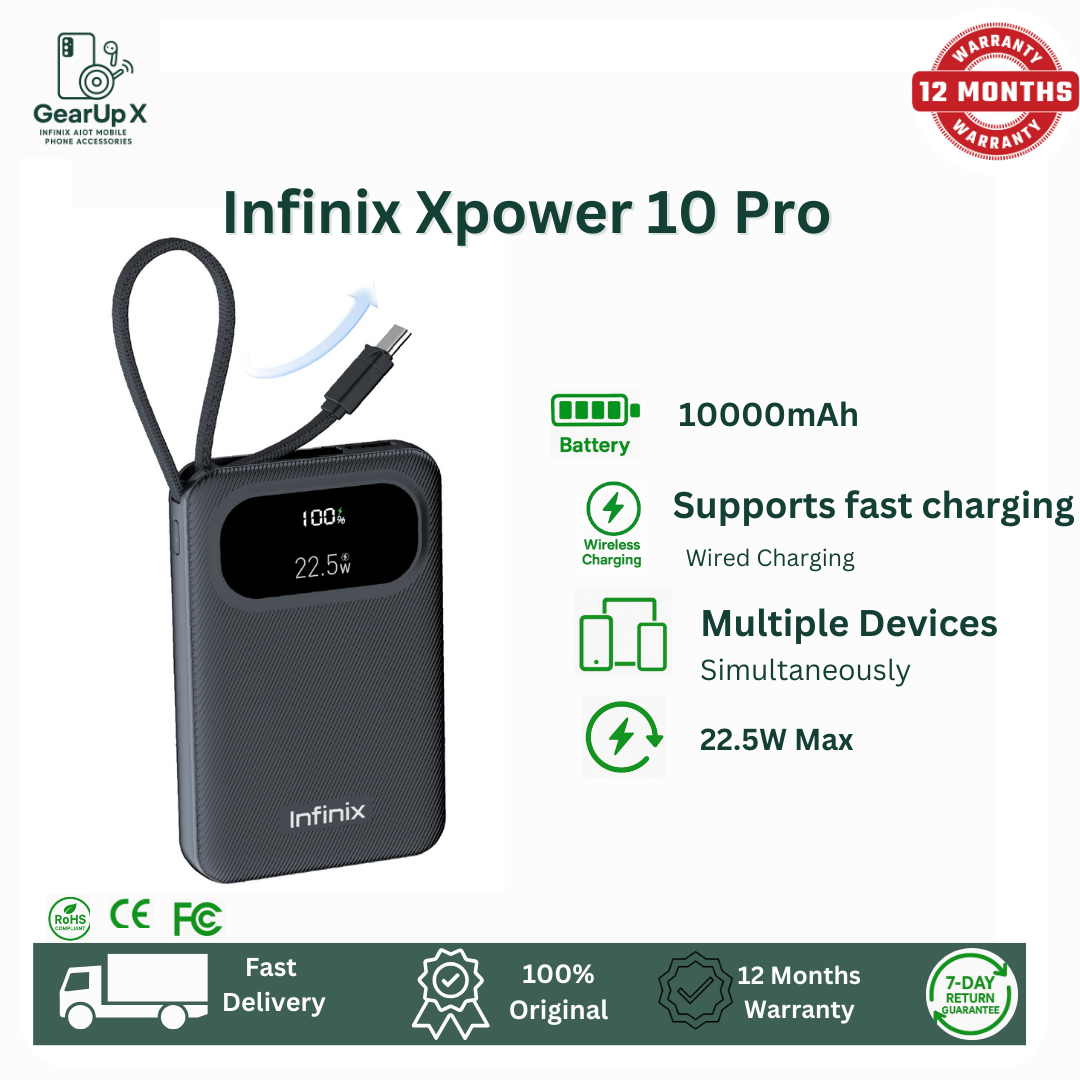 [New Arrival] Infinix Xpower 10 Pro Powerbank 10000mAh 22.5W Max Charging Type C USB A/Type C  Output Type-c cable output Thin and Light Design Charge 3 Devices Simultaneously Fast Charging Powerbank