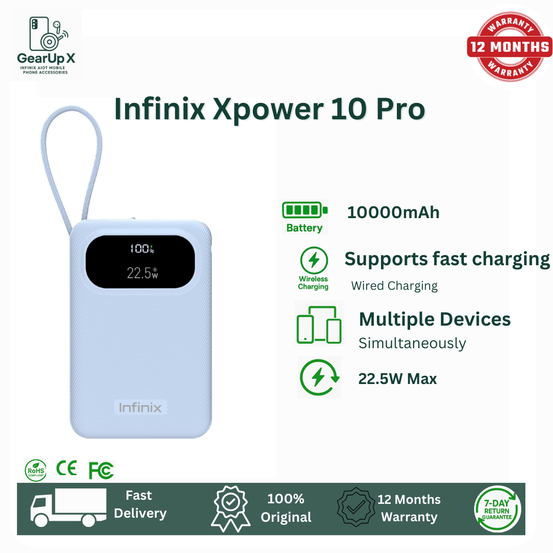 [New Arrival] Infinix Xpower 10 Pro Powerbank 10000mAh 22.5W Max Charging Type C USB A/Type C  Output Type-c cable output Thin and Light Design Charge 3 Devices Simultaneously Fast Charging Powerbank