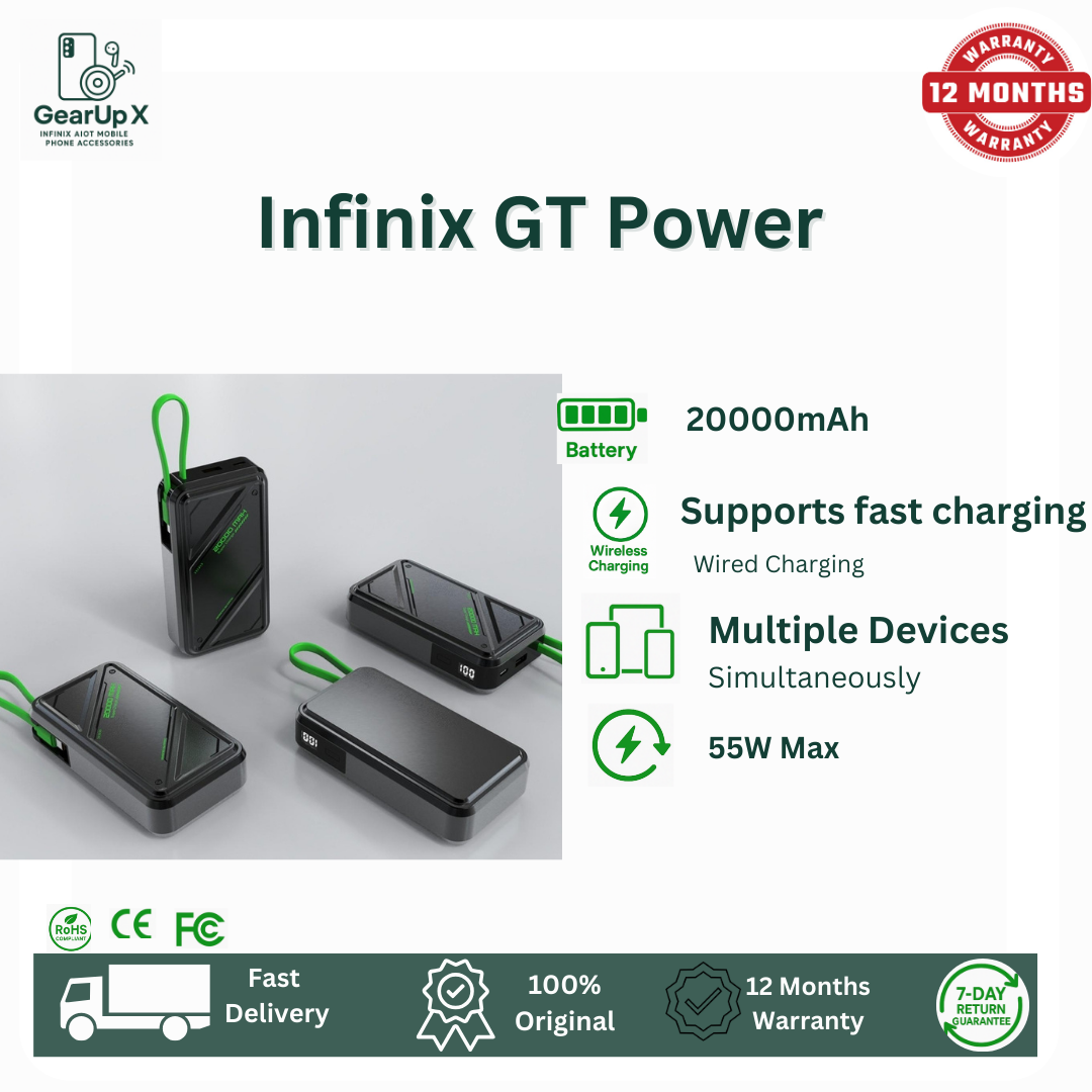 [New Arrival] Infinix GT Power 20000mAh Power bank 55W Max Charging 20cm cable together wtih powerbank Type C Input USB A Output Thin and Light Design Fast Charging Powerbank