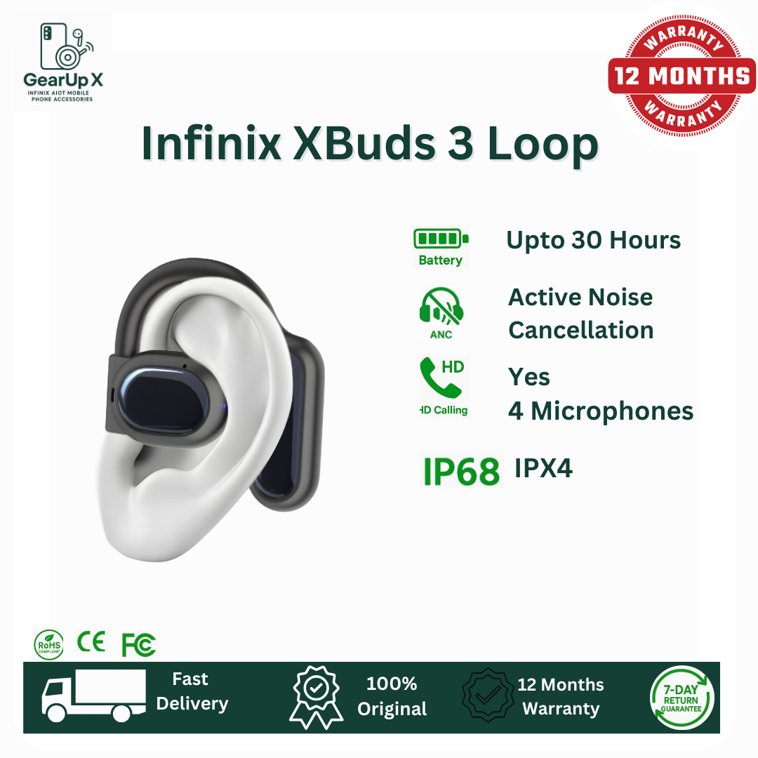 [Special Offer] Infinix XBuds 3 Loop 330mAh Battery Upto 30 Hours Playtime 3 Mics Memory Titanium Wire Hook Type C Charging Directional Sound Powerful Bass Wireless Earphones Earbuds Bluetooth