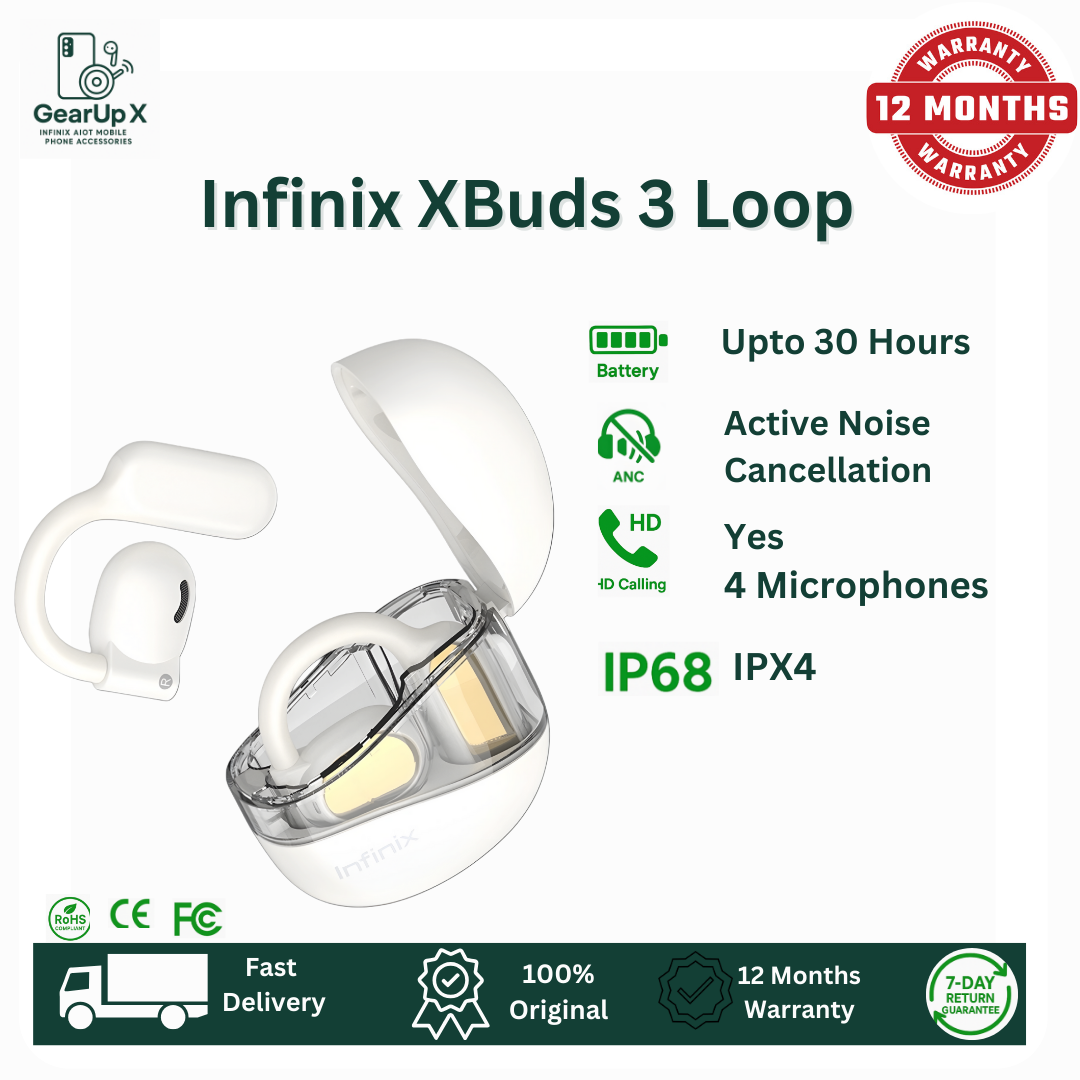 [Special Offer] Infinix XBuds 3 Loop 330mAh Battery Upto 30 Hours Playtime 3 Mics Memory Titanium Wire Hook Type C Charging Directional Sound Powerful Bass Wireless Earphones Earbuds Bluetooth