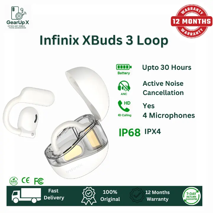 [Special Offer] Infinix XBuds 3 Loop 330mAh Battery Upto 30 Hours Playtime 3 Mics Memory Titanium Wire Hook Type C Charging Directional Sound Powerful Bass Wireless Earphones Earbuds Bluetooth