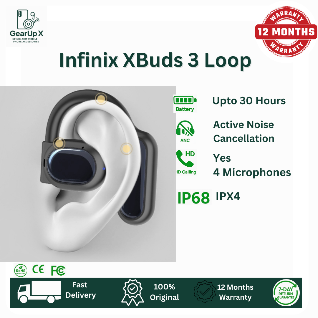 [Special Offer] Infinix XBuds 3 Loop 330mAh Battery Upto 30 Hours Playtime 3 Mics Memory Titanium Wire Hook Type C Charging Directional Sound Powerful Bass Wireless Earphones Earbuds Bluetooth