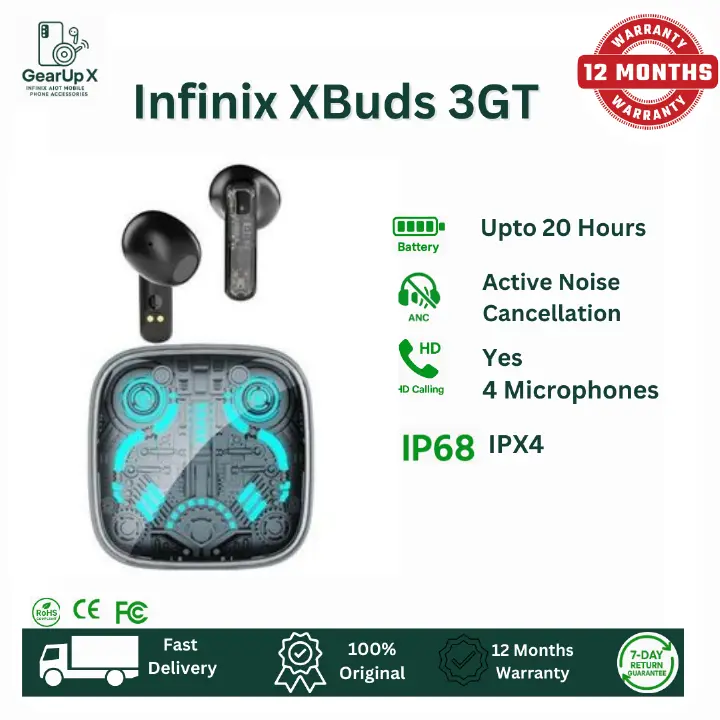 [Special Offer] Infinix GT Buds 3 AI ENC Clear calls Rainbow LED Up to 30 Hours Playtime Type C Charging Directional Sound Powerful Bass Wireless Earphones Earbuds Bluetooth