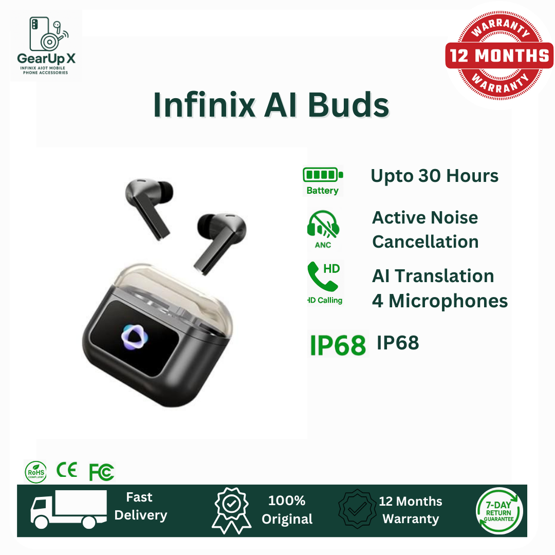 [Special Offer] Infinix AI Buds 640mAh Battery Upto 30 Hours Playtime AI Translations AI ANC Touch Control Screen Powerful Premium Bass Wireless Earphones Earbuds Bluetooth For Hot 60i Hot 60 Pro+