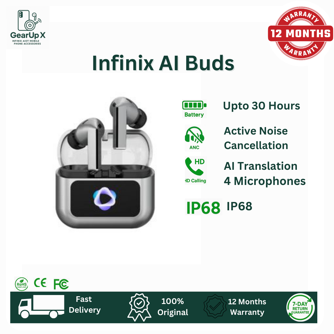 [Special Offer] Infinix AI Buds 640mAh Battery Upto 30 Hours Playtime AI Translations AI ANC Touch Control Screen Powerful Premium Bass Wireless Earphones Earbuds Bluetooth For Hot 60i Hot 60 Pro+