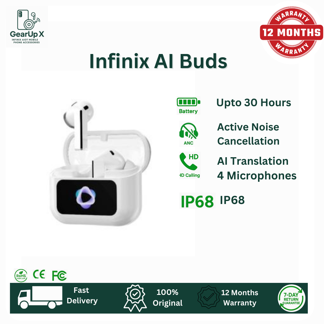 [Special Offer] Infinix AI Buds 640mAh Battery Upto 30 Hours Playtime AI Translations AI ANC Touch Control Screen Powerful Premium Bass Wireless Earphones Earbuds Bluetooth For Hot 60i Hot 60 Pro+