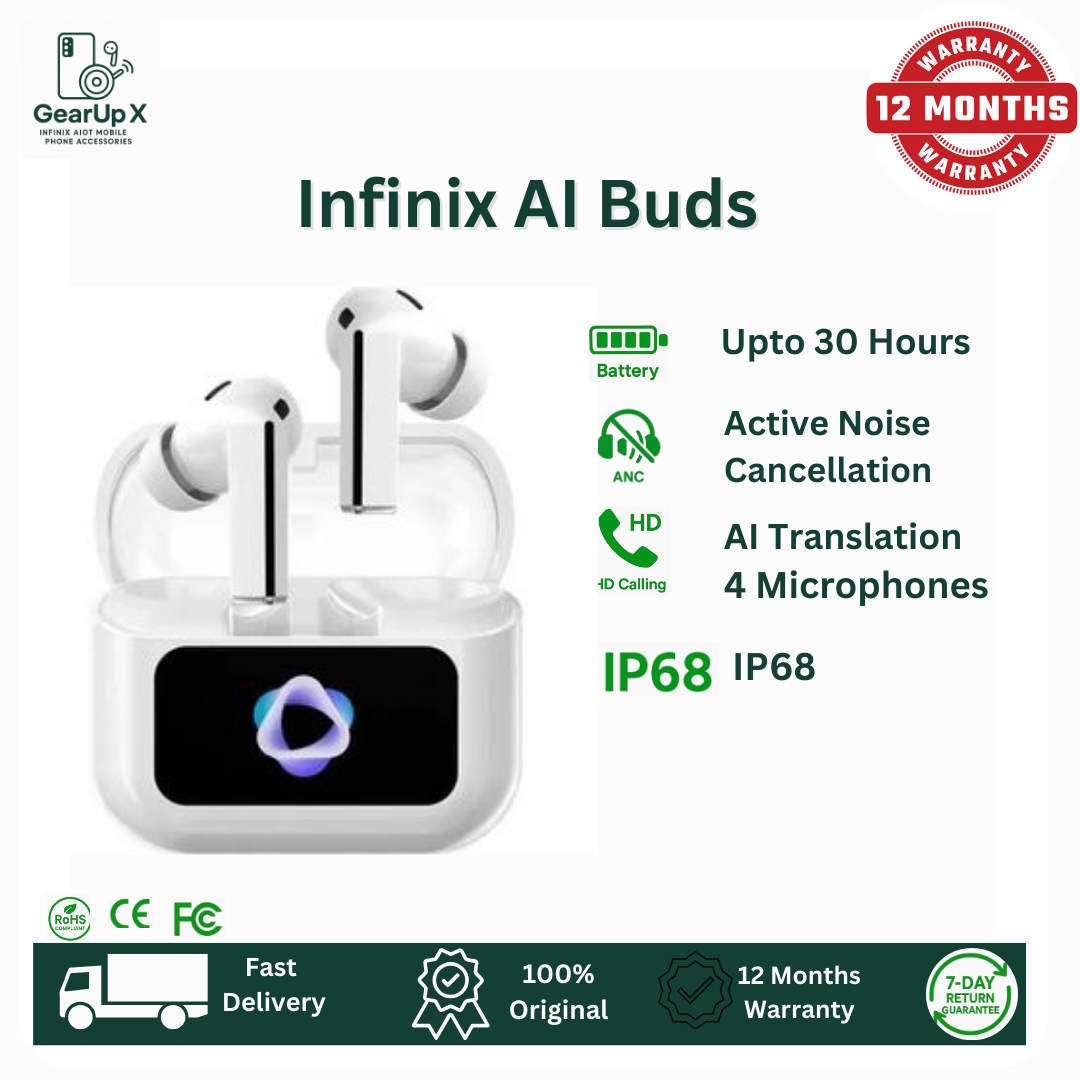 [Special Offer] Infinix AI Buds 640mAh Battery Upto 30 Hours Playtime AI Translations AI ANC Touch Control Screen Powerful Premium Bass Wireless Earphones Earbuds Bluetooth For Hot 60i Hot 60 Pro+