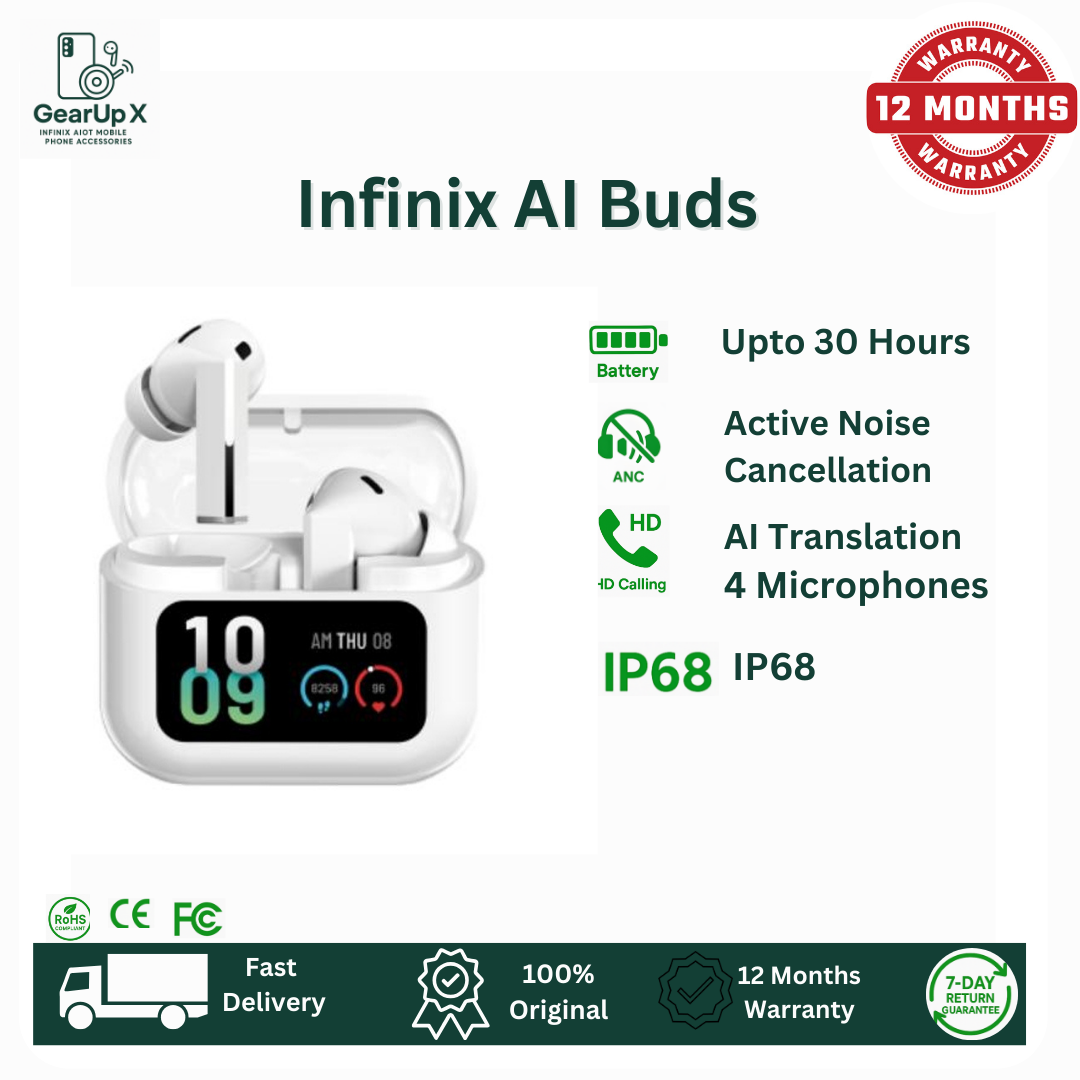 [Special Offer] Infinix AI Buds 640mAh Battery Upto 30 Hours Playtime AI Translations AI ANC Touch Control Screen Powerful Premium Bass Wireless Earphones Earbuds Bluetooth For Hot 60i Hot 60 Pro+